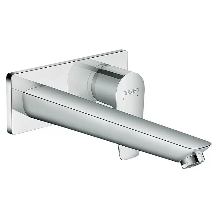 Hansgrohe Talis E Waschtischarmatur - Chrom, Glänzend - Eleganter, wandmontierter Chrom-Einhebelmischer mit rechteckiger Blende und langem, flachem Auslauf.