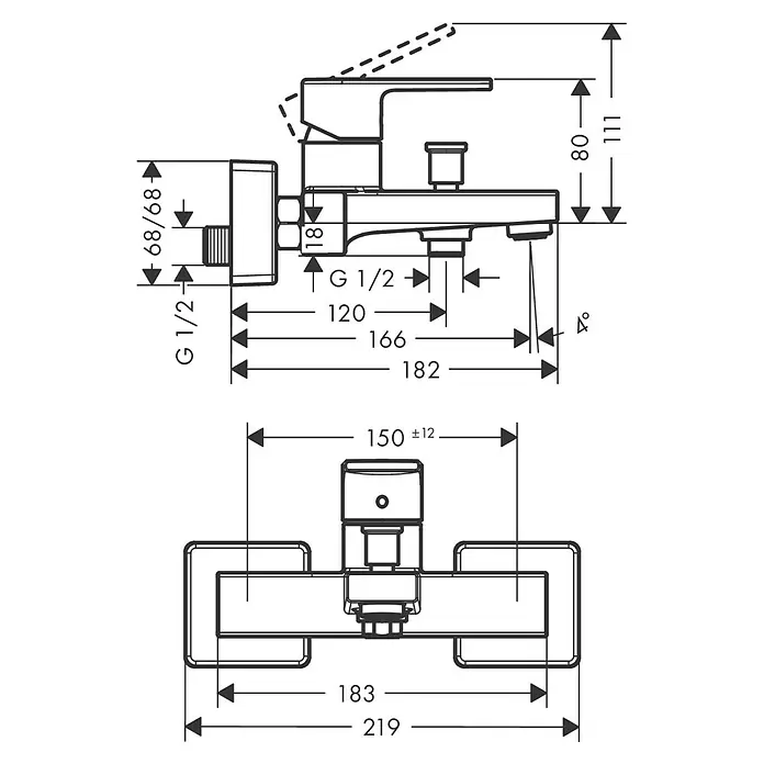 Hansgrohe Vernis Shape Badewannenarmatur - Chrom, Glänzend - Technische Zeichnung einer Armatur mit Maßangaben. Die Armatur ist detailliert dargestellt und die Maße sind präzise angegeben.