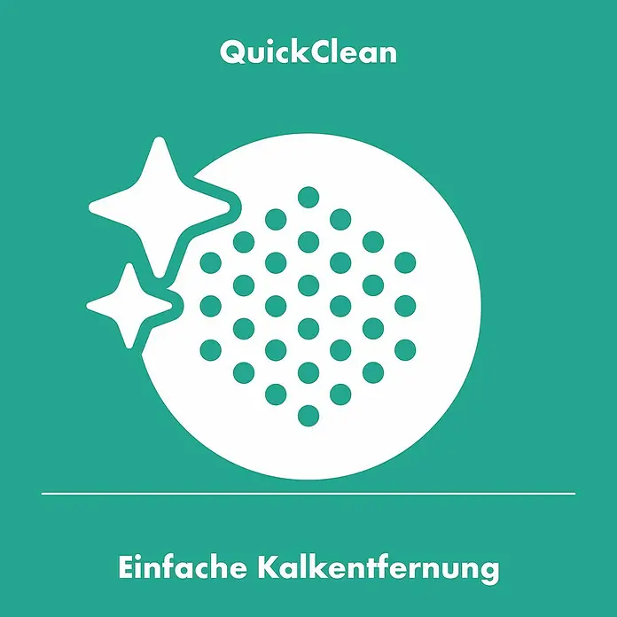 Hansgrohe Vernis Shape Waschtischarmatur 70 - Chrom, Ohne Zugstange - Das Bild zeigt das "QuickClean"-Symbol, das für die einfache Kalkentfernung steht, mit einem weißen Kreis voller grüner Punkte und zwei Sternen.