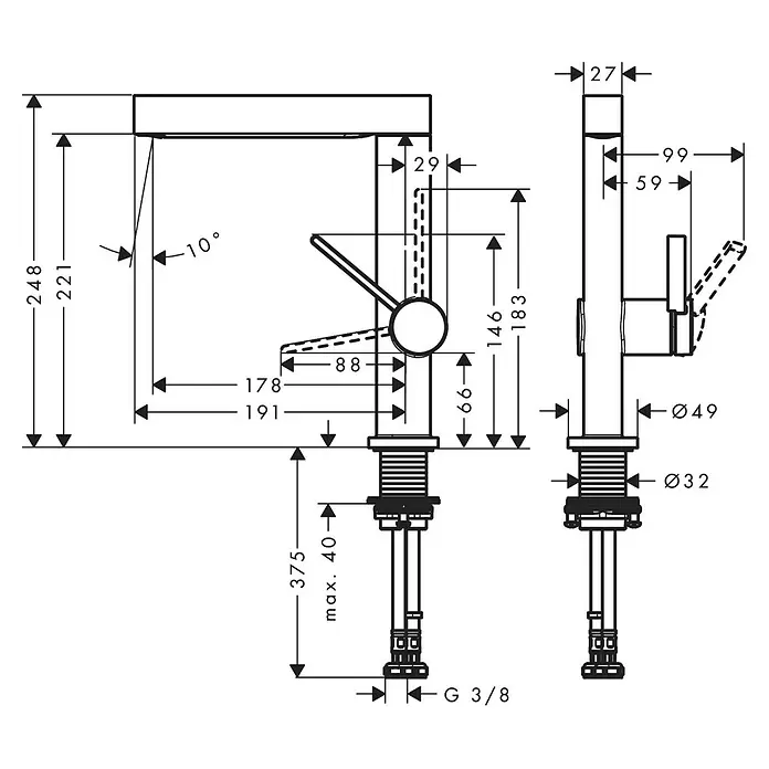 Hansgrohe Finoris Waschtischarmatur 230 - Chrom, Drehbar - Technische Zeichnung eines modernen Einhebel-Waschtischmischers mit Maßangaben in Vorder- und Seitenansicht.
