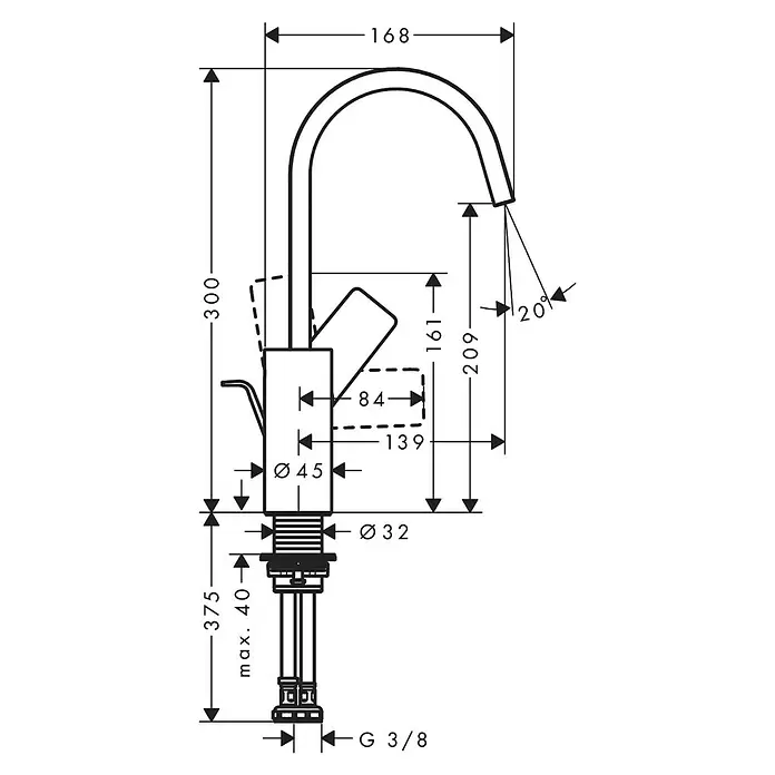 Hansgrohe Vivenis Waschtischarmatur 210 - Chrom, Zugstange - Technische Zeichnung einer Küchenarmatur mit detaillierten Maßen für Höhe, Ausladung und Montage.