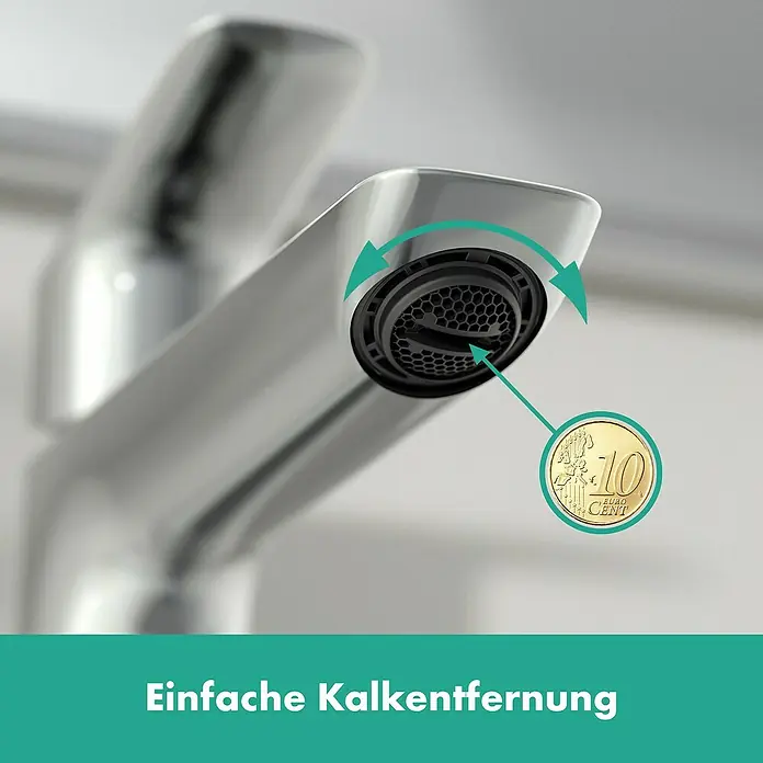 Hansgrohe Logis Waschtischarmatur 110 Fine - Chrom - Bild einer Armatur mit einem Pfeil, der die einfache Kalkentfernung durch Drehen des Auslaufs zeigt.