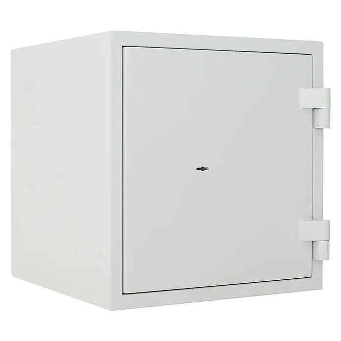 Rottner Feuerschutztresor Fire Safe - 45 x 44 x 46 cm, Doppelbart-Hochsicherheitsschloss - Ein weißer, kompakter Tresor mit sicherer Tür und robusten Scharnieren, ideal zum Schutz von Wertsachen.
