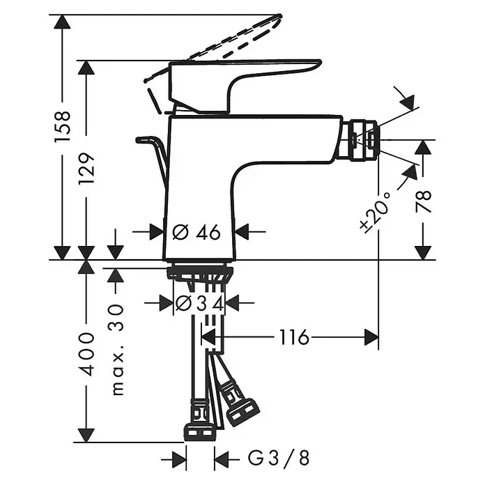 Hansgrohe Talis E Bidetarmatur - Chrom, Glänzend - Technische Zeichnung einer Einhebelmischbatterie mit Maßen und Installationsdetails.