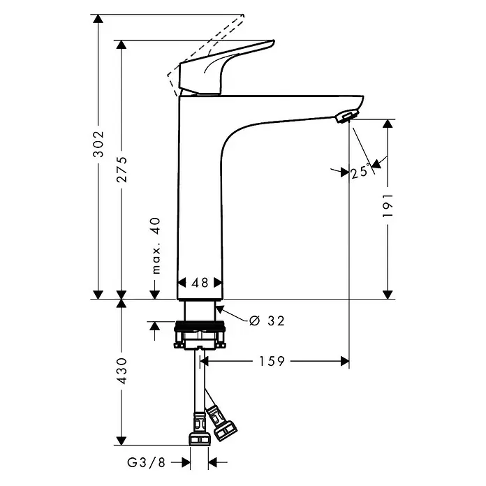 Hansgrohe Focus Waschtischarmatur 190 - Chrom, Höhe: 27,5 cm - Abbildung einer Armatur mit Maßangaben, die die Höhe, den Auslauf und die Anschlussdetails des Produkts zeigen.