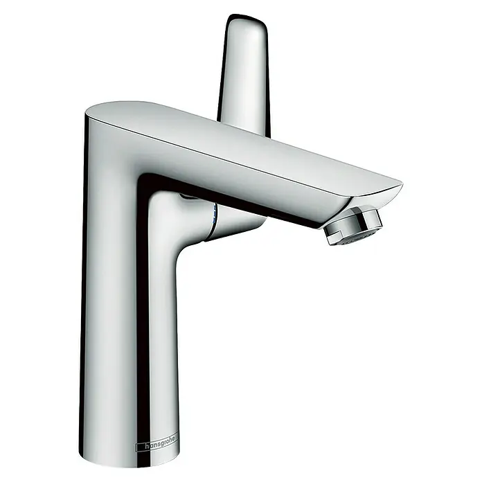 Hansgrohe Talis E Waschtischarmatur 150 - Chrom, Inclusive Ablaufgarnitur - Ein glänzender, moderner Hansgrohe Waschtischmischer in Chromoptik vor schwarzem Hintergrund. Elegantes Baddesign für jedes Badezimmer.