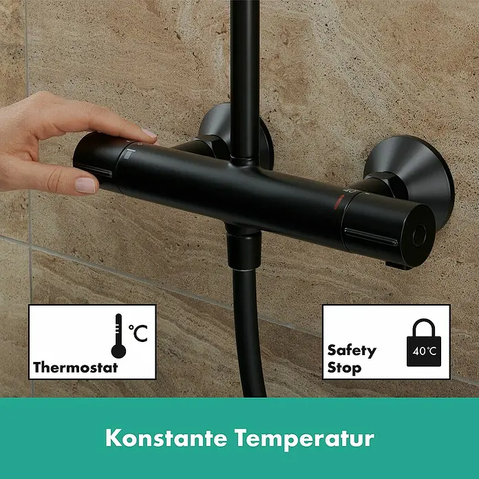 Hansgrohe Vernis Blend Duschsystem 240 - Lochabstand: 15 cm, Schwarz - Schwarze Thermostat-Duscharmatur mit Sicherheitssperre bei 40°C für konstante Temperatur.