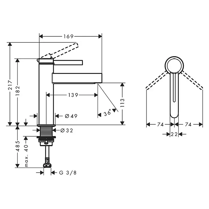 Hansgrohe Finoris Waschtischarmatur 110 - Schwarz, Push-Open-Ablaufgarnitur - Bemaßte technische Zeichnung einer modernen Einhebel-Waschtischarmatur.