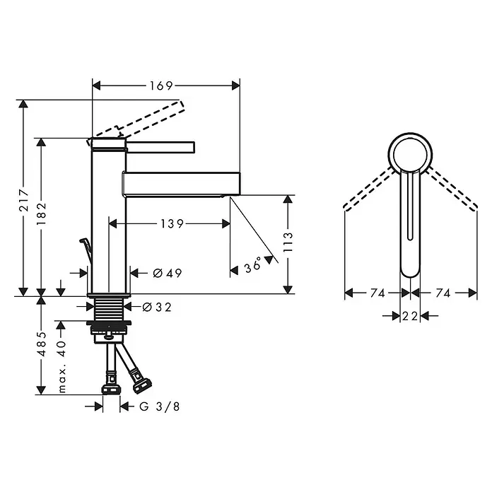 Hansgrohe Finoris Waschtischarmatur 110 - Chrom, Höhe: 30 cm - Technische Zeichnung eines Wasserhahns mit Vorder-, Seiten- und Draufsicht und wichtigen Maßen.