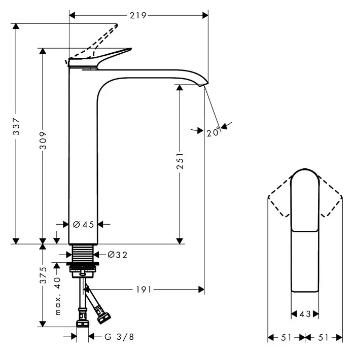 Hansgrohe Vivenis Waschtischarmatur 250 - Chrom, Höhe: 30,9 cm - Technische Zeichnung einer hohen Einhebel-Waschtischarmatur, mit Vorderansicht, Maßen und Installationsdetails.