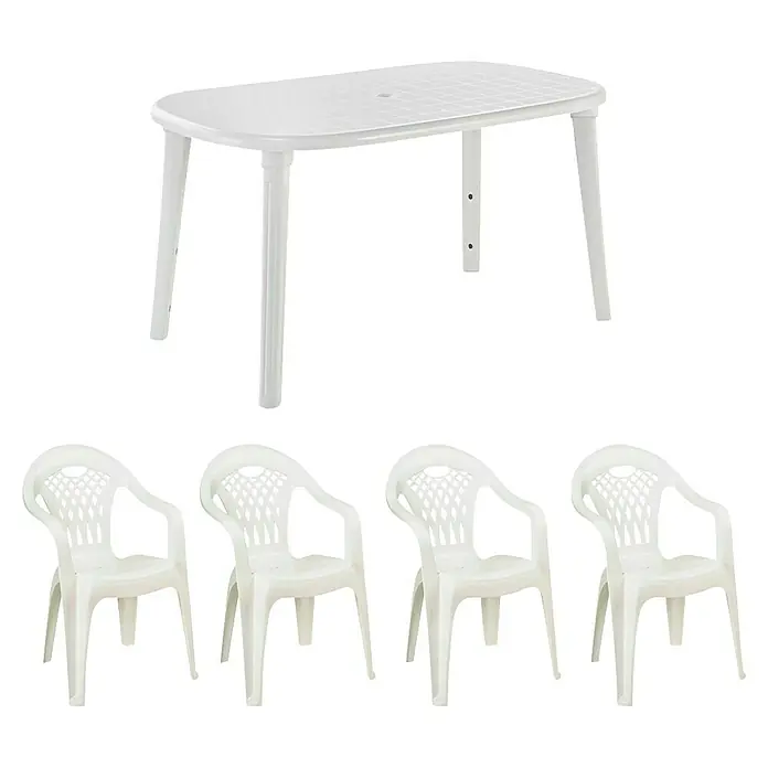 Set de muebles de jardín Cancún - 5 pzs., Polipropileno, Blanco, L x An x Al: 140 x 80 x 73 cm - Mesa de jardín blanca con cuatro sillas. El conjunto es de plástico y es ideal para uso en exteriores.
