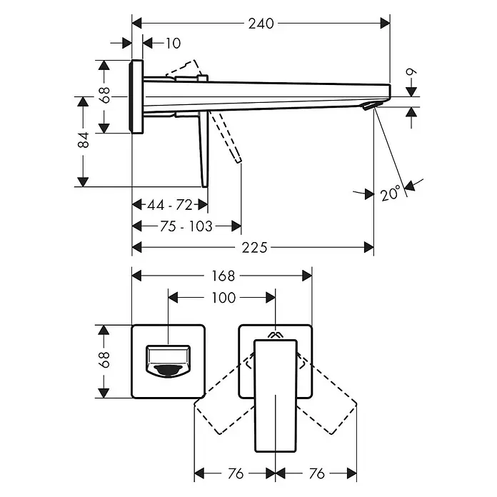 Hansgrohe Metropol Waschtischarmatur - Ausladung Armatur: 225 mm, Chrom, Glänzend - Technische Zeichnung einer Wandarmatur mit Maßen für Länge, Höhe, Ausladung und Griffbewegung.