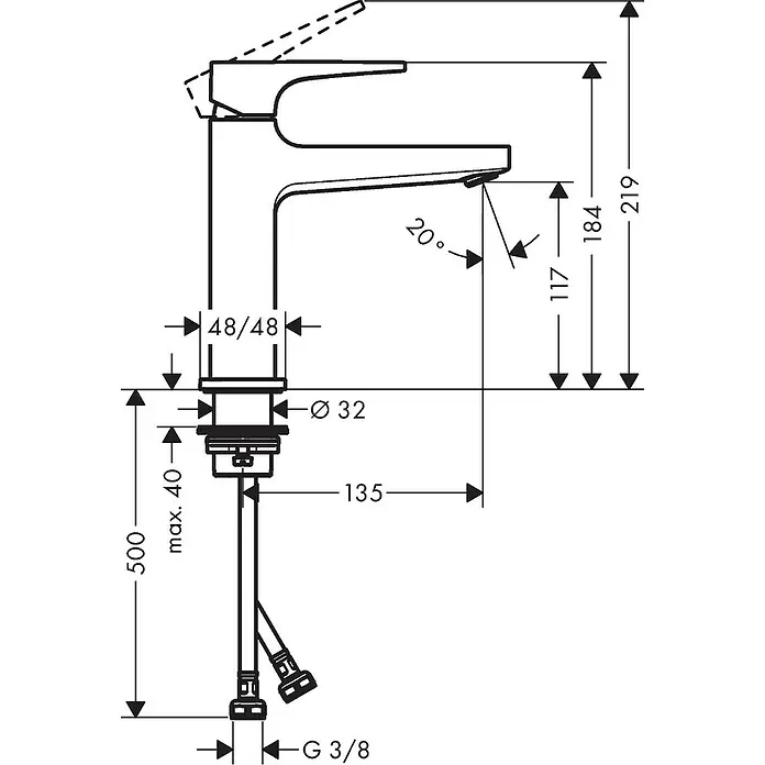 Hansgrohe Metropol Waschtischarmatur 110 ZG Coolstart - Chrom - Technische Zeichnung einer Hansgrohe Metropol Waschtischarmatur mit Abmessungen und Details zur Installation.