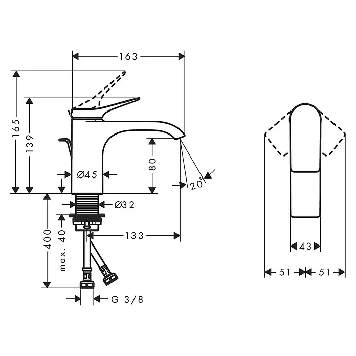 Hansgrohe Vivenis Waschtischarmatur 80 - Schwarz, Zugstange - Technische Zeichnung einer Einhebel-Waschtischarmatur mit Maßen und Einbaudetails.
