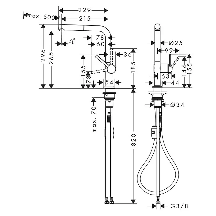 Hansgrohe Talis Spültischarmatur M54 - Höhe: 296 mm, Mattschwarz, Ohne sBox - Technisches Datenblatt für eine Küchenarmatur mit den Maßen 229x820 mm und G3/8-Anschluss.