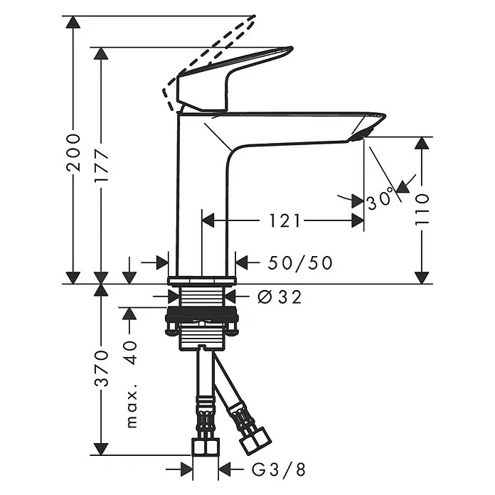 Hansgrohe Logis Waschtischarmatur 110 Fine - Chrom - Technische Zeichnung eines Wasserhahns mit Bemaßungen für Installation und Design, inklusive Höhe, Ausladung und Anschlüssen.