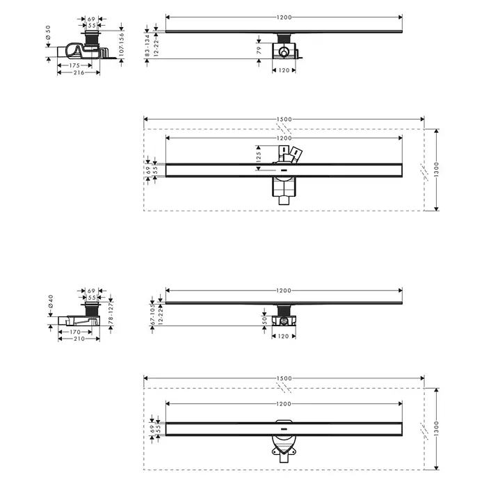 Hansgrohe Duschrinne RainDrain Allround - 120 cm, Edelstahl - Technische Zeichnung einer Duschrinne mit allen Maßen für den Einbau im Badezimmer.