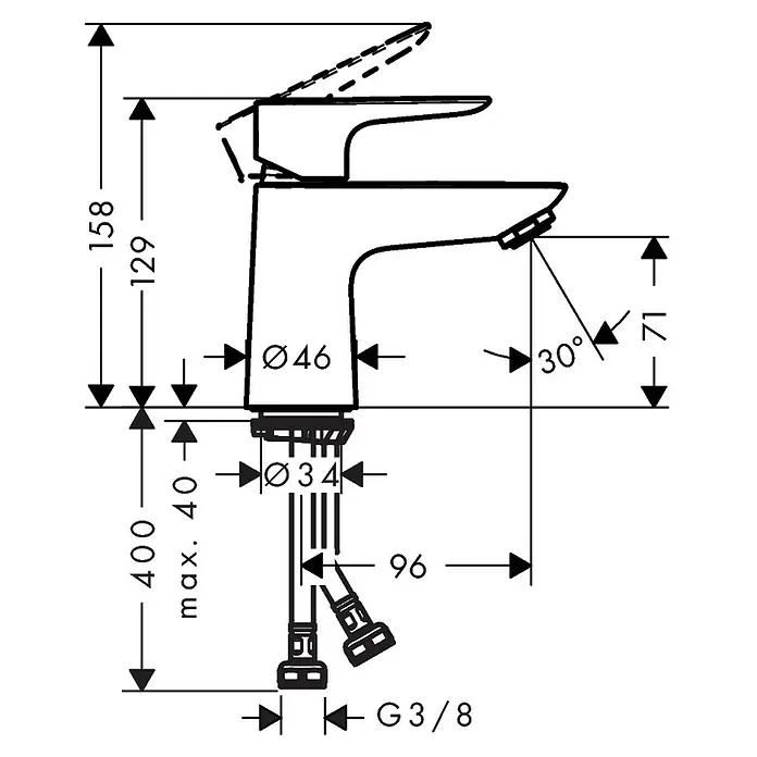 Hansgrohe Talis E Waschtischarmatur 80 - Chrom, Mit Ablaufgarnitur - Schema einer Armatur mit Maßangaben, einschließlich Höhe, Ausladung und Durchmesser verschiedener Teile.