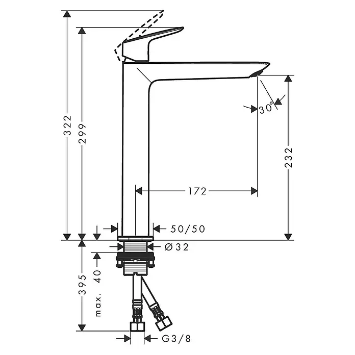Hansgrohe Logis Waschtischarmatur 240 Fine - Chrom - Technische Zeichnung einer hohen Einhebelarmatur mit Maßen, Ausladung (172mm) und G3/8 Anschluss.