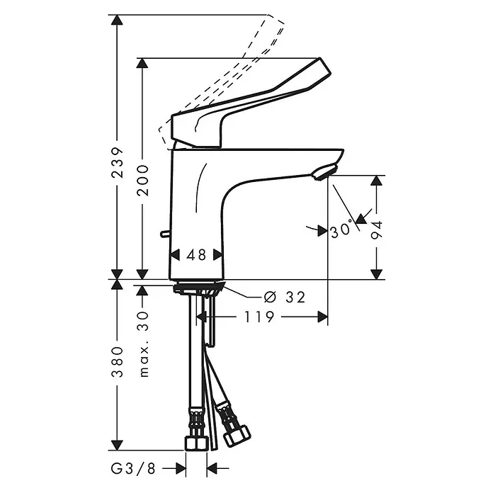 Hansgrohe Focus Waschtischarmatur Care 10 - Chrom, Inclusive Ablaufgarnitur - Eine schematische Zeichnung einer Armatur mit Maßangaben. Technische Details und Maße der Waschtischarmatur sind dargestellt.