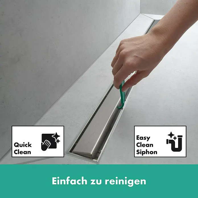 Hansgrohe Duschrinne RainDrain Allround - 100 cm, Edelstahl - Bild einer Duschrinne, die mit einem grünen Werkzeug gereinigt wird, mit dem Hinweis auf eine einfache Reinigung.