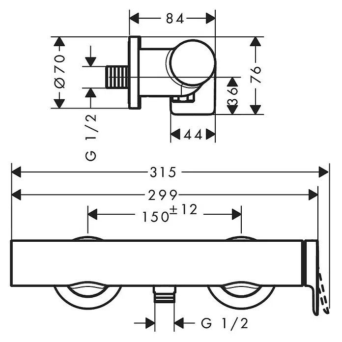 Hansgrohe Vivenis Brausethermostat - Chrom, Glänzend - Technisches Diagramm eines wandmontierten Mischers mit 150 mm Achsmaß und G 1/2 Anschlüssen.