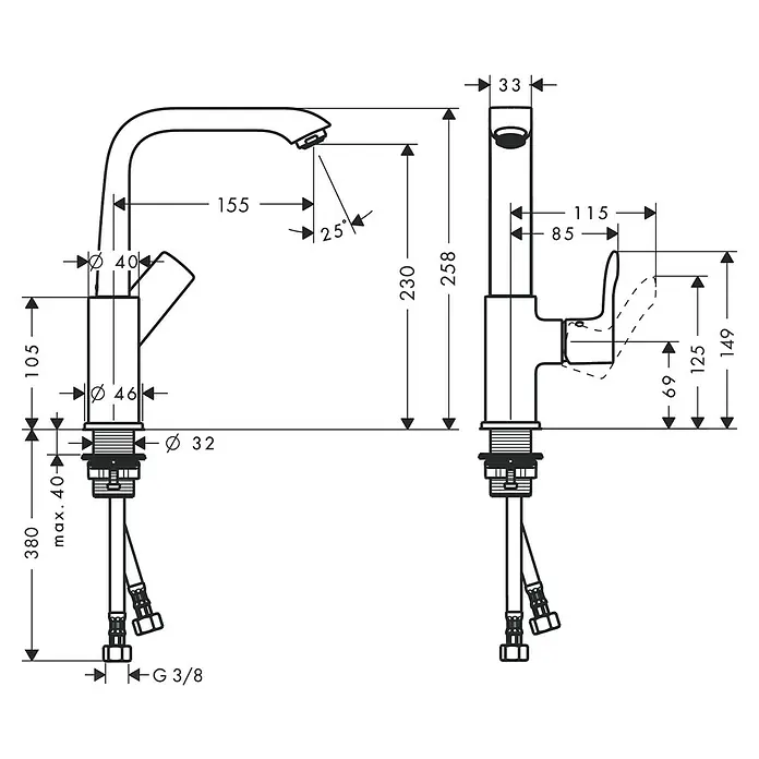 Hansgrohe Metris Waschtischarmatur 230 - Chrom, Funkelnd - Technische Zeichnung einer Armatur mit Höhen- und Breitenangaben für die Installation.