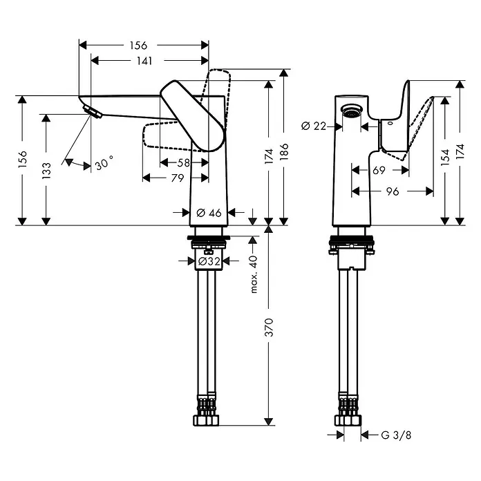 Hansgrohe Talis E Grifo de lavabo - Cromado, Sin juego de desagüe - Dibujo técnico detallado de un grifo con detalles de dimensiones para la altura, proyección y diámetro para fines de instalación.