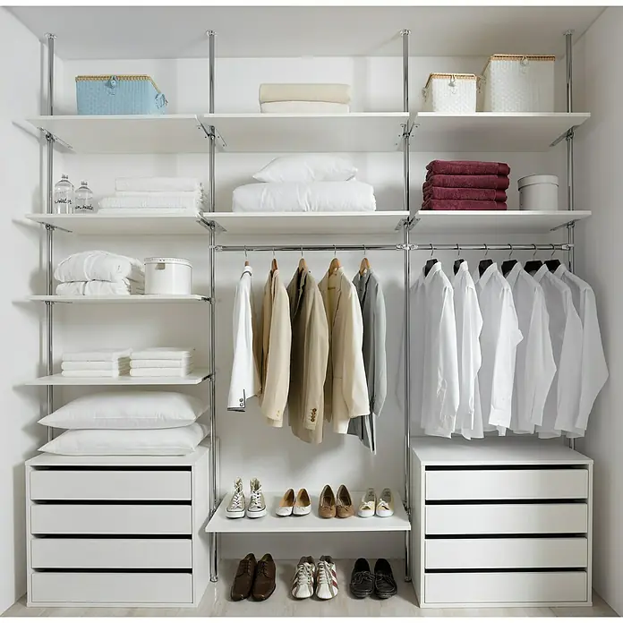 Easy Connect Regalsystem-Grundmodul - Passend für: 3 Regalböden - Stilvolle, begehbare Kleiderschrank-Lösung mit weißen Regalen, Schubladen und Kleiderstangen, ideal zur Aufbewahrung von Kleidung, Schuhen und Accessoires.