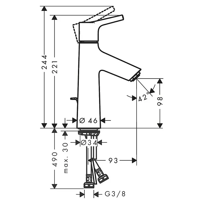 Hansgrohe Talis S Waschtischarmatur 100 - Chrom, Inclusive Ablaufgarnitur - Abbildung einer Armatur mit Maßangaben, inklusive Höhe (244 mm), Ausladung (86 mm) und Basisdurchmesser (46 mm).