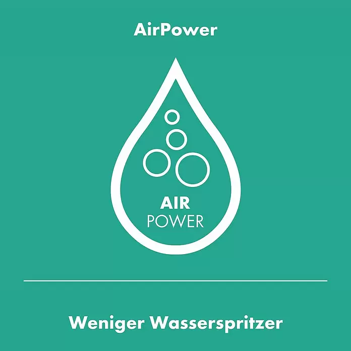 Hansgrohe Finoris Badewannenarmatur - Chrom - AirPower-Symbol: Weiße Wassertropfen mit Luftblasen und Text „Weniger Wasserspritzer“.