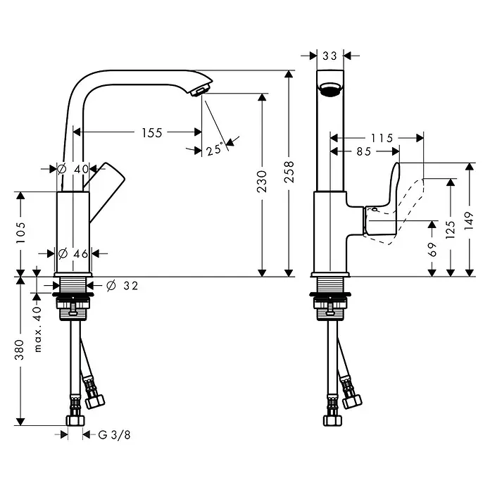 Hansgrohe Metris Waschtischarmatur 230 - Chrom, Push-Open-Ablaufgarnitur - Technische Zeichnung einer Küchenarmatur mit allen Maßen.