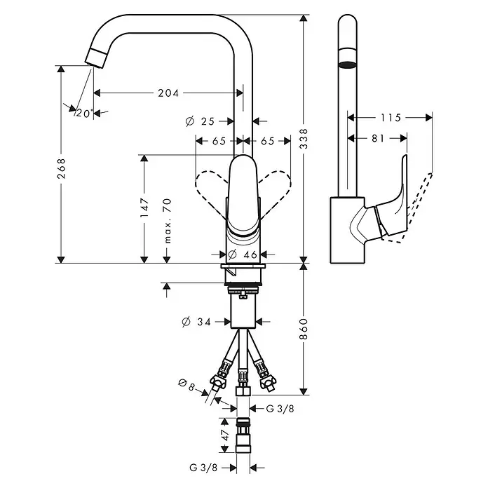 Hansgrohe Focus M41 Spültischarmatur - Höhe: 338 mm, Chrom, Glänzend - Technische Zeichnung einer Küchenarmatur mit Maßen, die Auslauf, Griff und Anschlüsse zeigt.