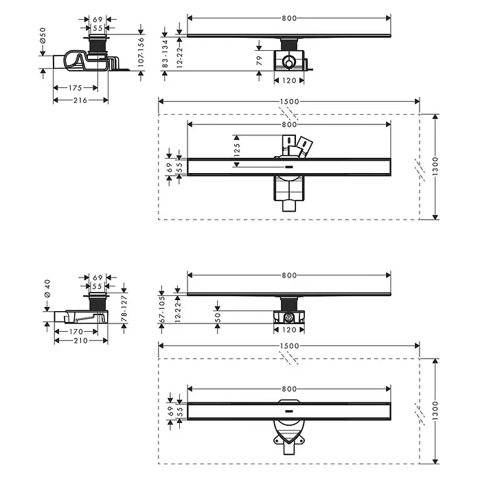 Hansgrohe Duschrinne RainDrain Allround - 80 cm, Edelstahl - Technische Zeichnung einer Duschrinne mit Maßen für Installation und Design im Badezimmer.