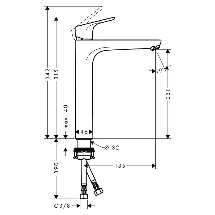 Hansgrohe Focus Waschtischarmatur 230 - Chrom, 31,5 cm - Technische Zeichnung einer Waschtischarmatur mit Höhen-, Breiten- und Winkelangaben zur Installation des Produkts.