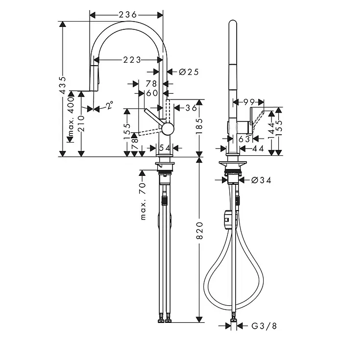 Hansgrohe Talis Spültischarmatur M54 - Chrom, Glänzend, Durchflussmenge: 8 l/min - Technische Zeichnung einer hohen Küchenarmatur mit Ausziehbrause, mit Maßen und Installationsdetails.