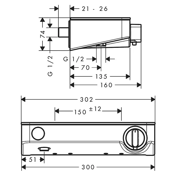 Hansgrohe Thermostatarmatur ShowerTablet Select - Breite: 302 mm, Chrom, Glänzend - Technische Zeichnung einer rechteckigen Unterputz-Sanitäreinheit mit G 1/2 Anschlüssen und Einbaumaßen.