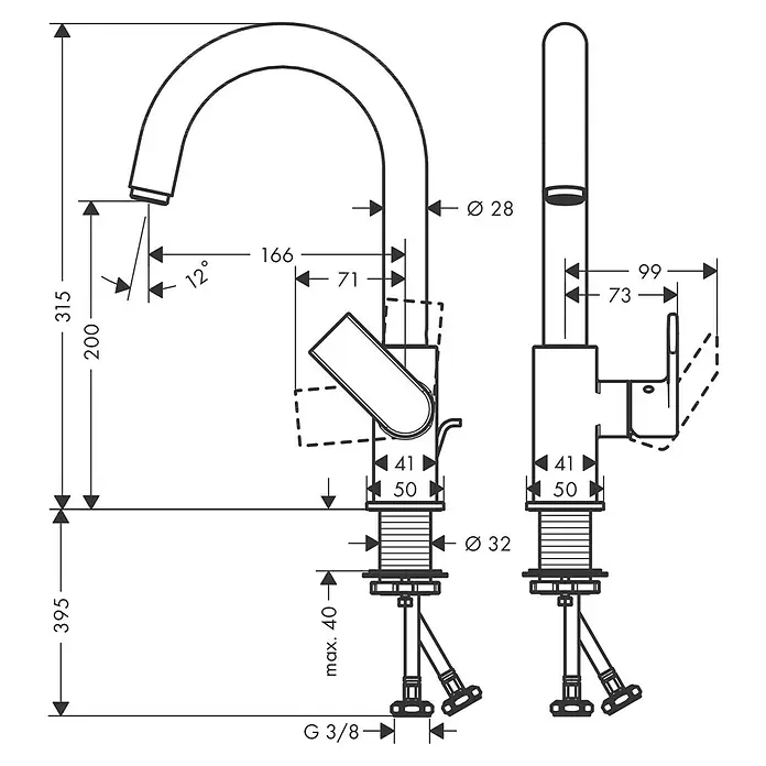 Hansgrohe Vernis Shape Waschtischarmatur - Chrom, Höhe: 31,5 cm - Detailzeichnung einer Küchenarmatur mit Maßen und Anschlüssen, inklusive Höhe (395 mm) und Ausladung (166 mm).