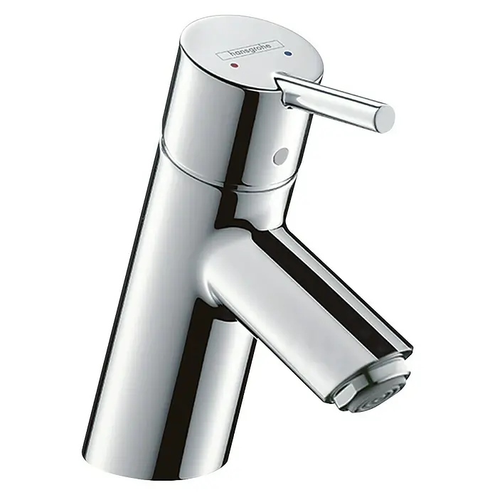 Hansgrohe Talis S Waschtischarmatur - Chrom - Nahaufnahme eines glänzenden, modernen Hansgrohe Wasserhahns mit Hebel und Temperaturanzeige.