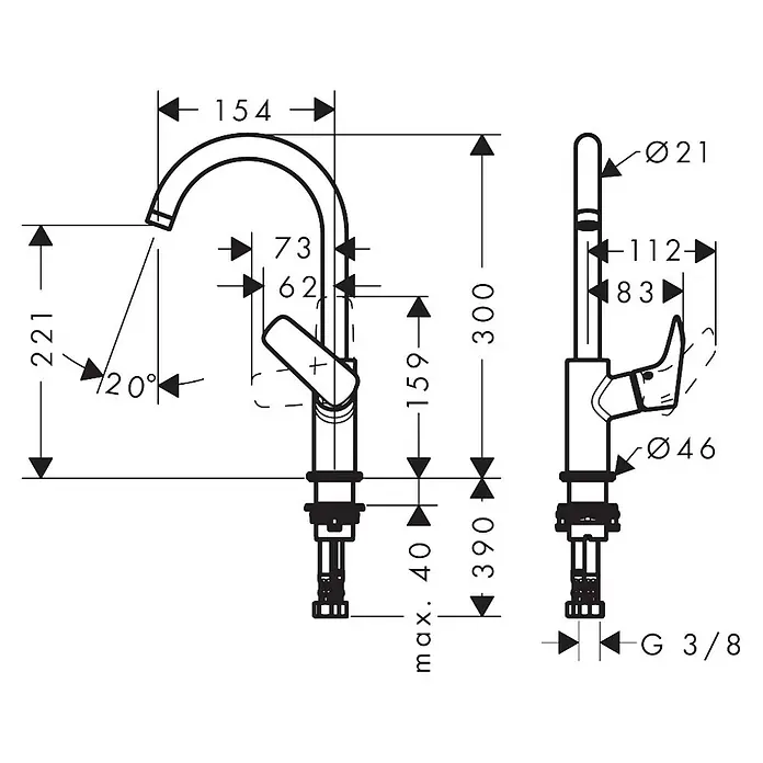 Hansgrohe Logis Waschtischarmatur 210 - Chrom - Technische Zeichnung einer Armatur mit Maßen, die die Höhe, Ausladung und Durchmesser verschiedener Komponenten zeigen.