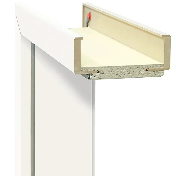 Classen PL Türzarge - 860 x 1.985 mm, Wandstärke: 120 mm, DIN Anschlag: Links, Monari Weiß - Detailaufnahme eines weißen Schiebetürrahmens aus Holzwerkstoff, der eine robuste und stilvolle Ergänzung für moderne Innenräume darstellt.