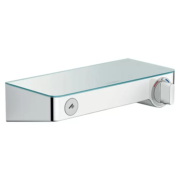Hansgrohe Thermostatarmatur ShowerTablet Select - Breite: 302 mm, Chrom, Glänzend - Weißes Duschthermostat mit Glasplatte, inklusive Temperaturregler und Duschfunktionstaste.