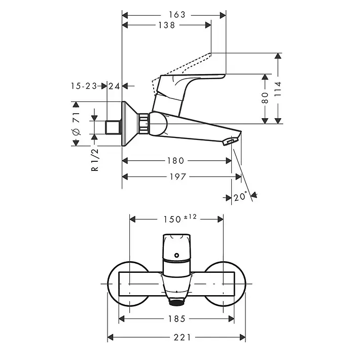 Hansgrohe Focus Badewannenarmatur - Ausladung Armatur: 197 mm, Chrom, Glänzend - Technische Zeichnung einer wandmontierten Mischbatterie mit Hebelgriff und Auslauf, inkl. Installationsmaßen.