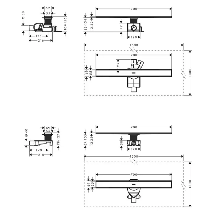 Hansgrohe Duschrinne RainDrain Allround - 70 cm, Edelstahl - Eine detaillierte technische Zeichnung eines Duschablaufs mit allen Maßen und Abmessungen.