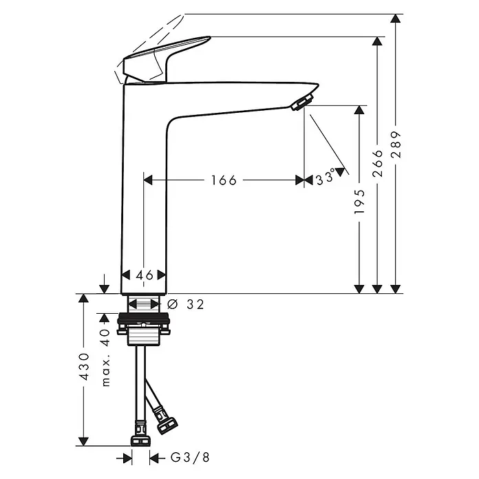 Hansgrohe Logis Waschtischarmatur 190 - Chrom - Detailzeichnung eines Wasserhahns mit Maßangaben zu Höhe, Ausladung und Durchmesser für die Installation.