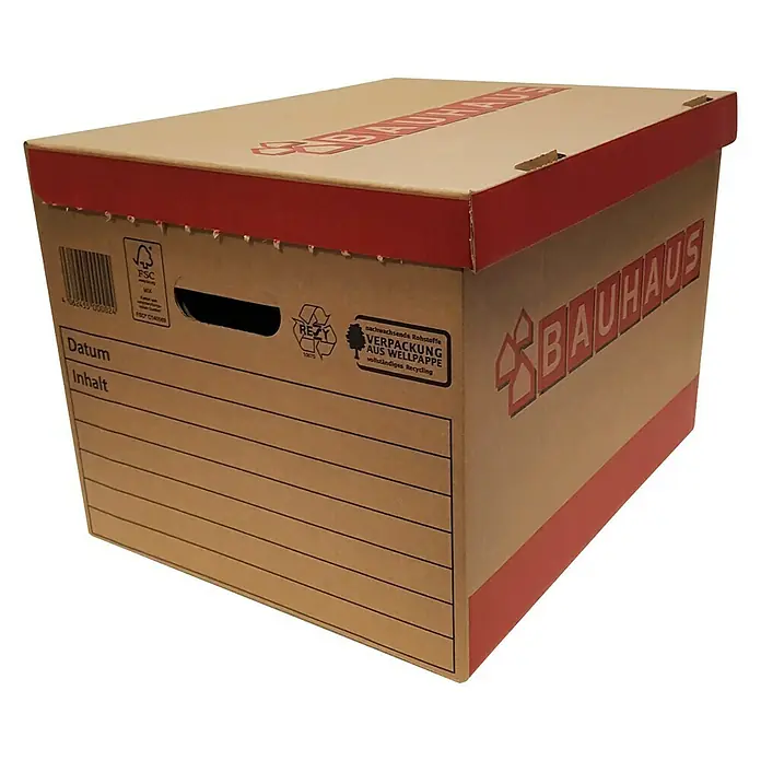 BAUHAUS Ordner-Archiv-Box Set - 2 Stk., L x B x H: 397 x 320 x 288 mm, Wellkarton - Braune Archivbox von Bauhaus mit rotem Rand und Beschriftungsfeldern. Ideal für die Organisation von Dokumenten im Büro oder zu Hause.