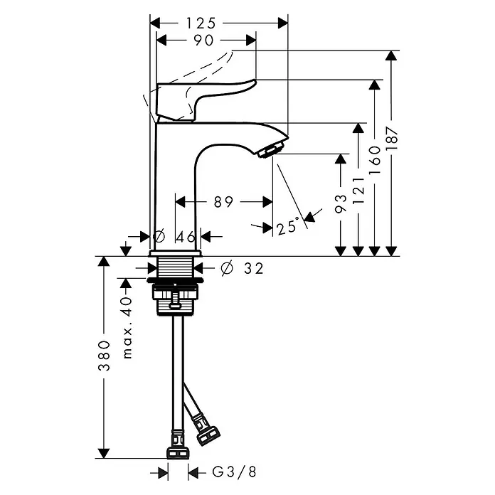 Hansgrohe Metris Waschtischarmatur 100 - Chrom, Funkelnd - Technische Zeichnung einer Armatur mit Bemaßung. Die Abmessungen der Armatur sind in Millimetern angegeben.