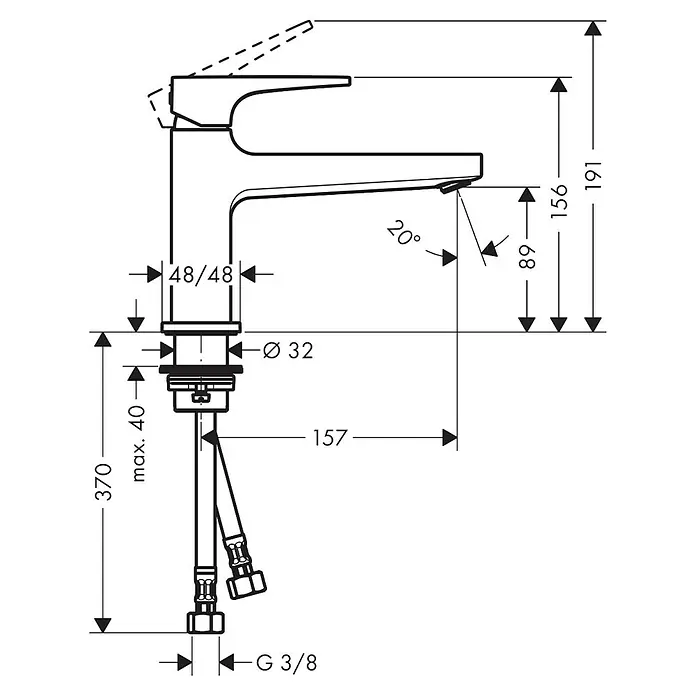 Hansgrohe Metropol Waschtischarmatur 100 - Chrom, Höhe: 15,6 cm - Technische Zeichnung einer Armatur mit Maßangaben. Eine detaillierte Darstellung für Installation und Planung.