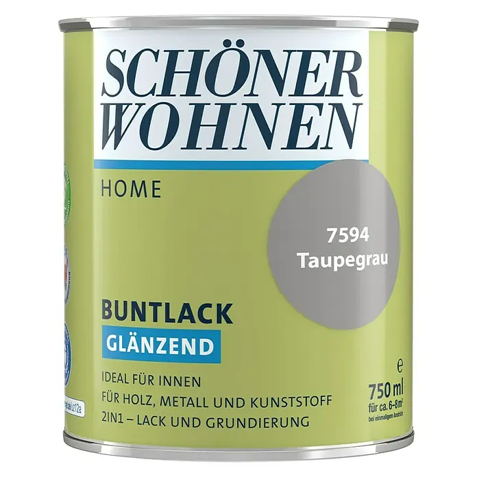 SCHÖNER WOHNEN-Farbe Home Buntlack - Taupegrau, Glänzend, 750 ml, Wasserbasiert - Farbdose "Schöner Wohnen Buntlack Glänzend" in Taupegrau, ideal für Holz, Metall und Kunststoff, 750 ml.