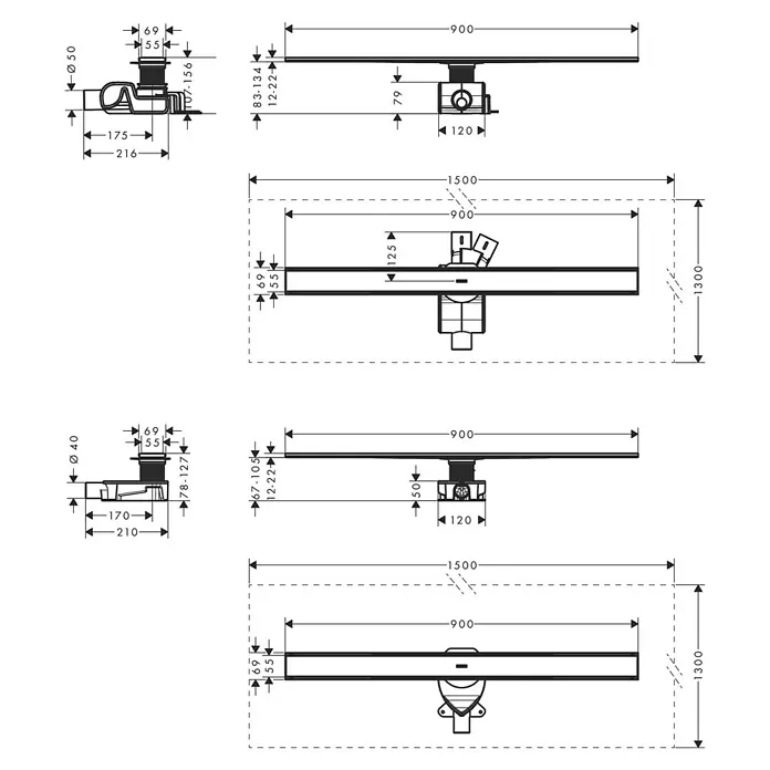 Hansgrohe Duschrinne RainDrain Allround - 90 cm, Edelstahl - Abbildung einer Duschrinne mit Abmessungen für den Einbau im Badezimmer.